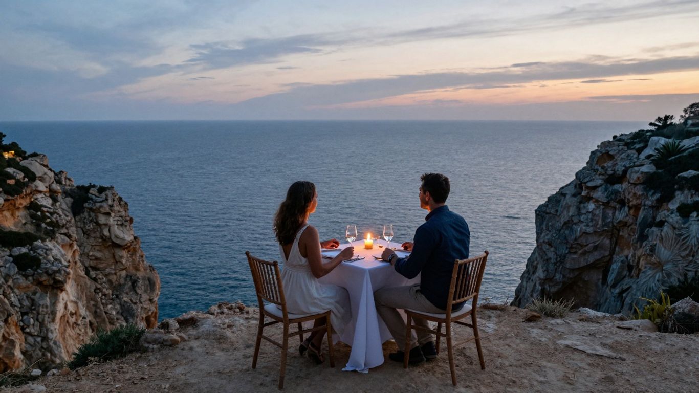 Couple dining cliffside overlooking ocean at sunset
