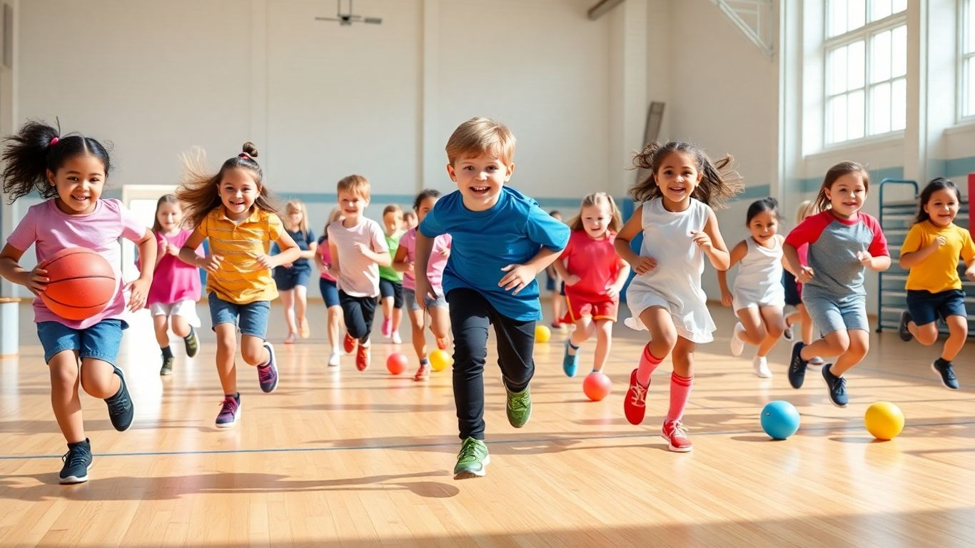 Kinder spielen und bewegen sich mit Sportger&auml;ten