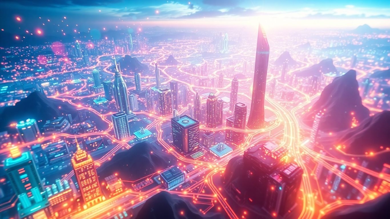 Abstract digital landscape with circuits and interconnected nodes.