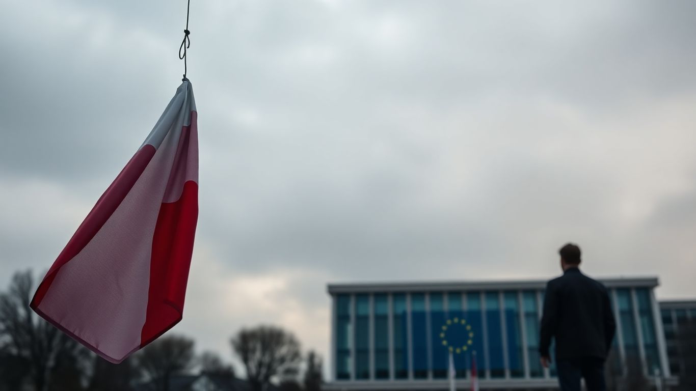 Polish flag tied to EU building, somber mood.