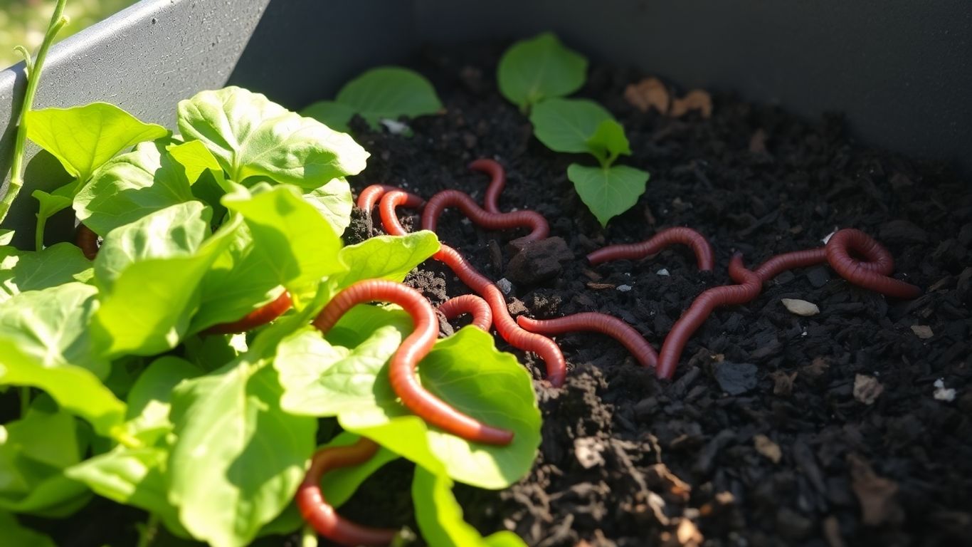 Wurmkompostbehälter mit Würmern und Laub im Freien