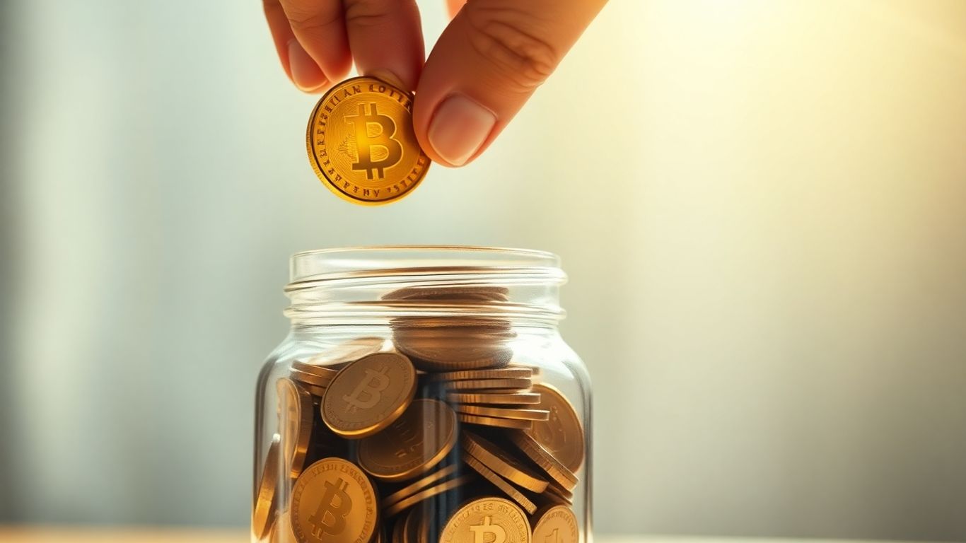 Hand placing coin into a jar of coins.