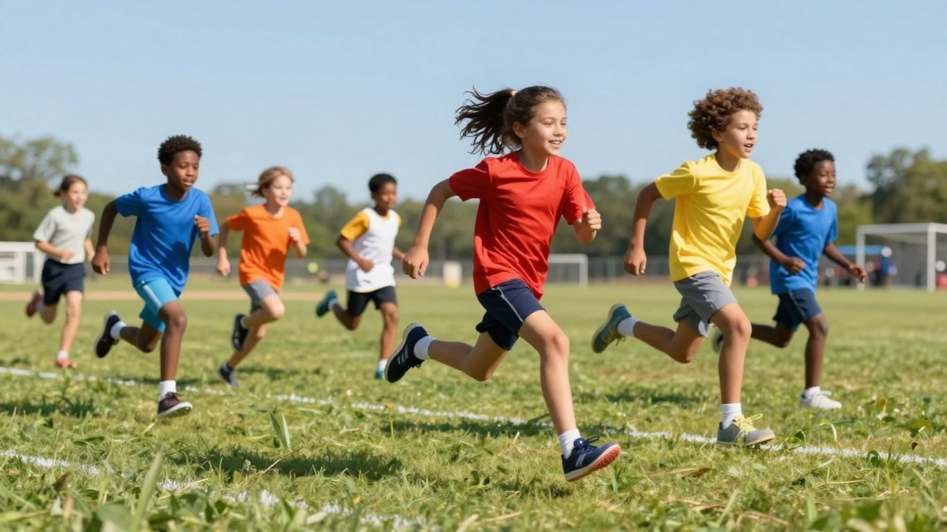 Young athletes running and jumping on a sunny field.