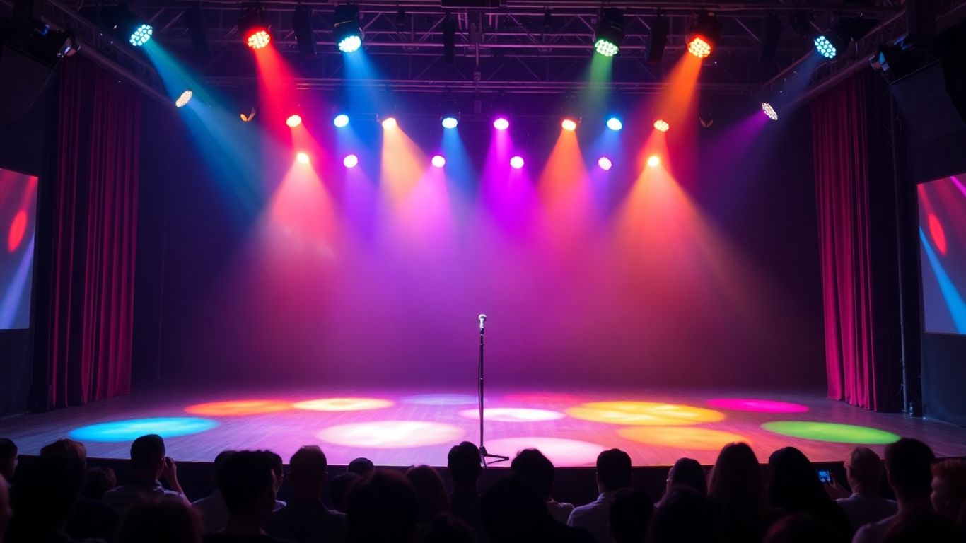 Comedy stage with microphone and colourful lights.