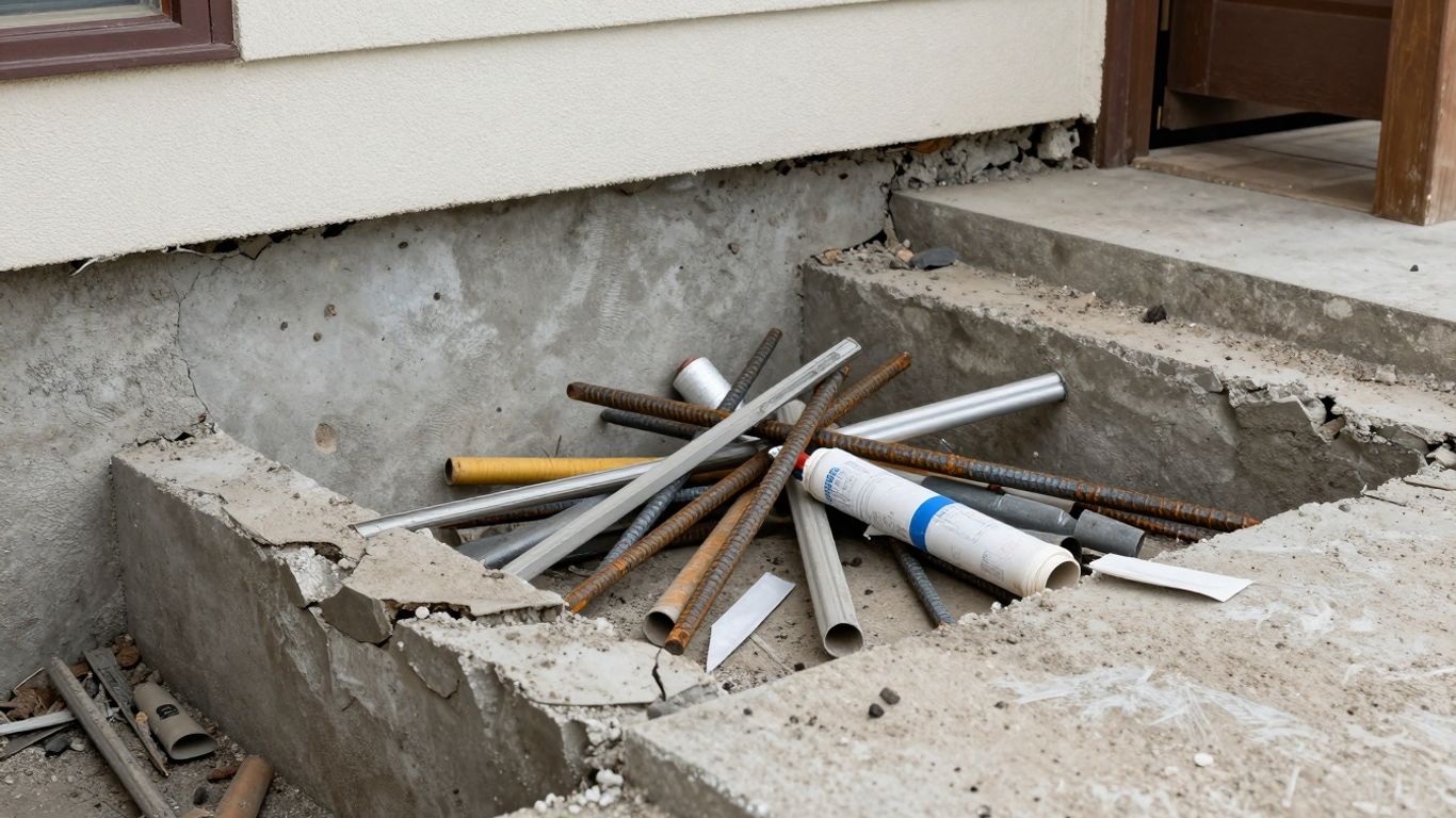 Cracked foundation with scattered repair materials.