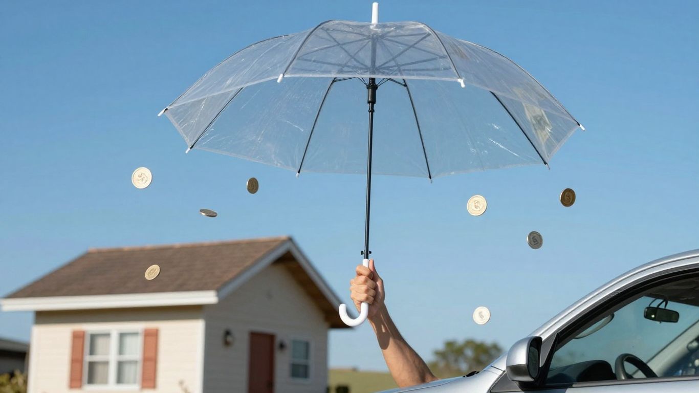 Umbrella protecting house and car from falling money.