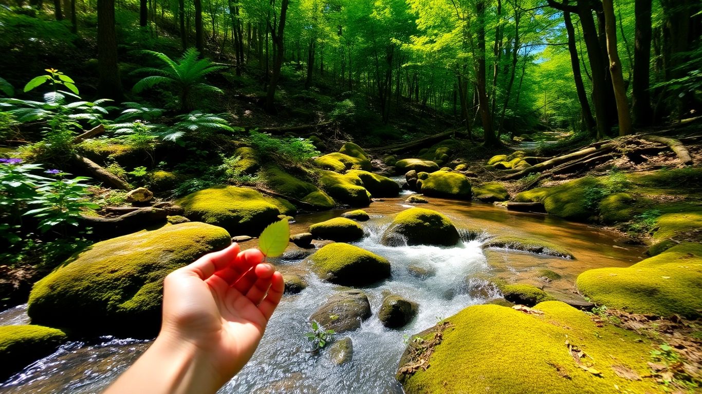 Natură curată, pădure verde, apă limpede, grijă pentru mediu.
