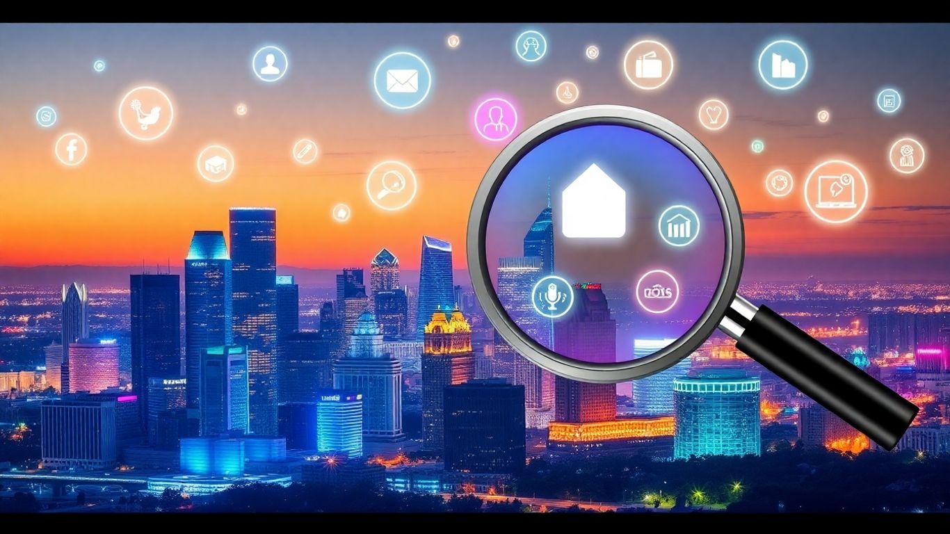 DFW skyline with digital marketing icons and magnifying glass.