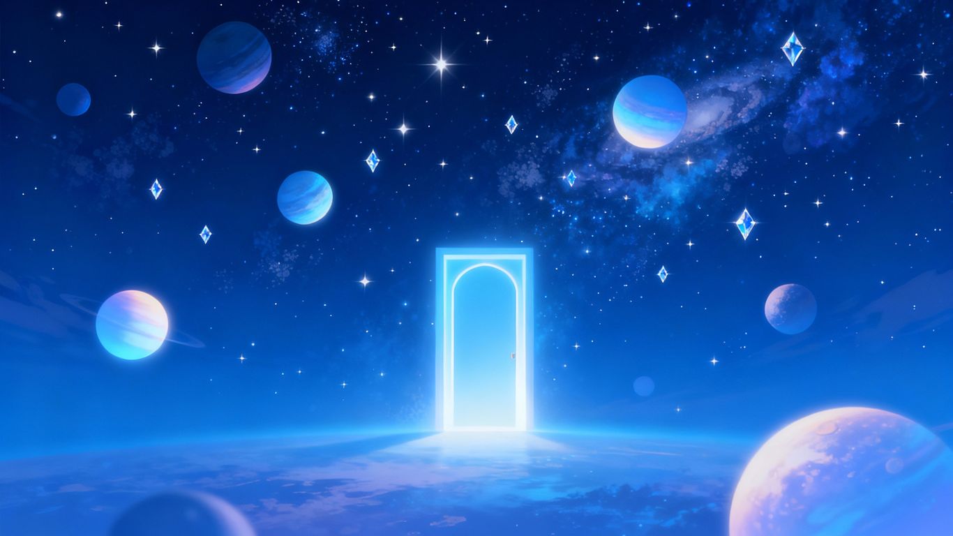 Planets and a glowing doorway in a starry night sky.