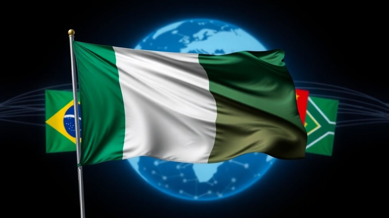 Nigeria flag with BRICS flags and globe.