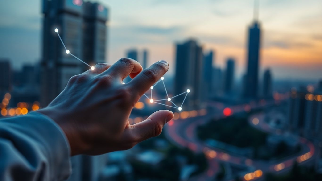Human hand touching glowing digital network nodes.