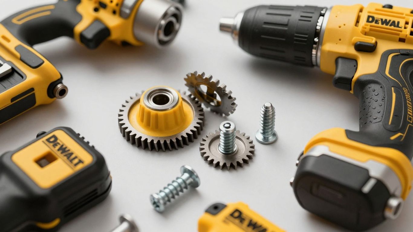 Genuine DeWalt tool parts laid out for repair.