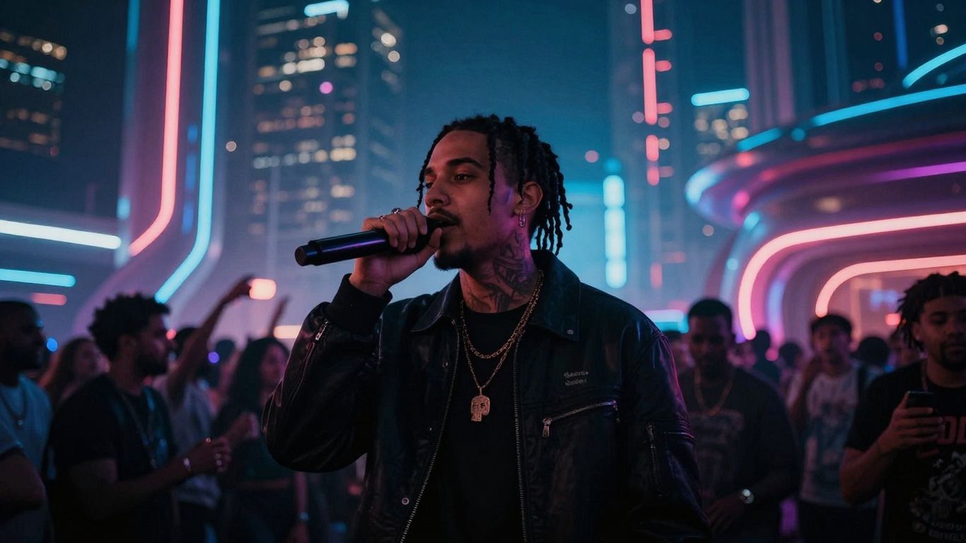 Futuristic trap music scene with neon lights and abstract architecture.