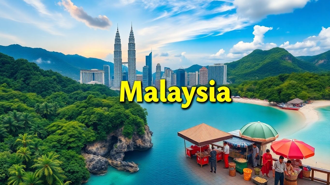 Malaysia tourism collage: Petronas Towers, rainforest, beach, food.