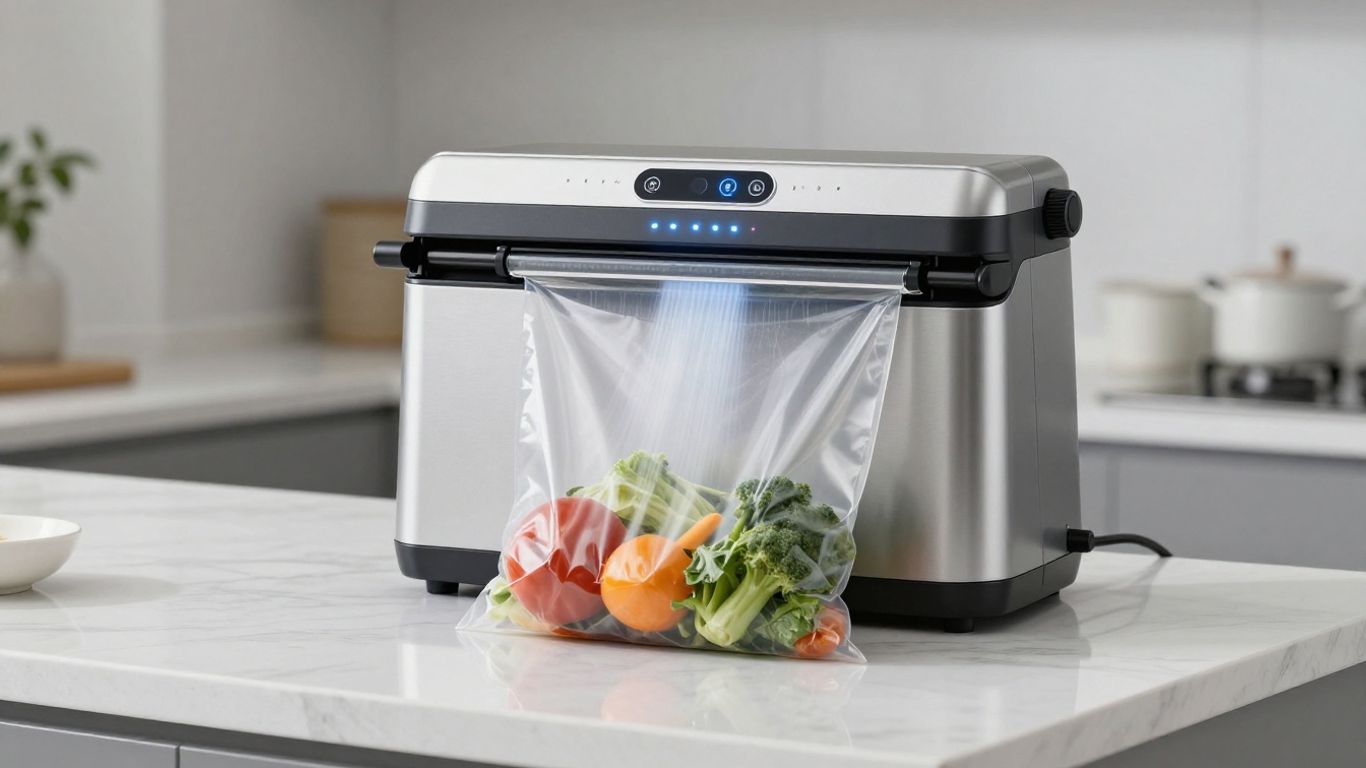 เครื่องซีลสูญญากาศกำลังทำงานกับถุงอาหารสด