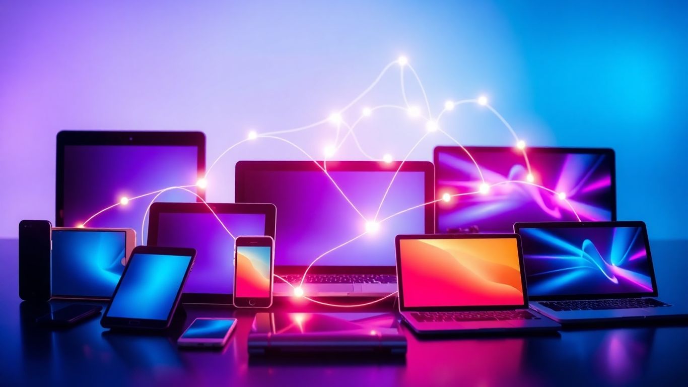 Digital devices connected by glowing lines, representing online advertising.