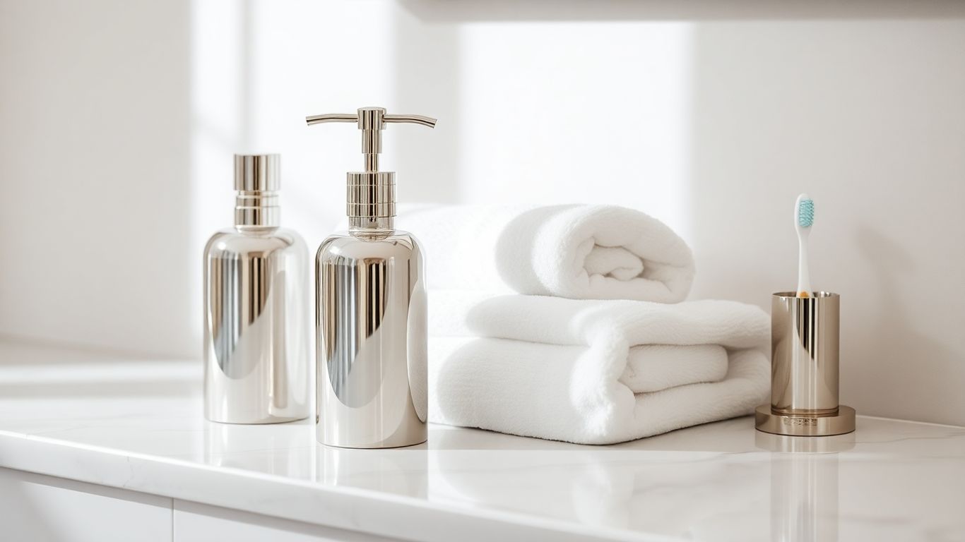 Elegant bathroom accessories on a marble countertop.