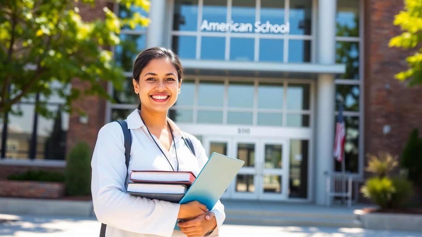 International teacher in front of US school building.