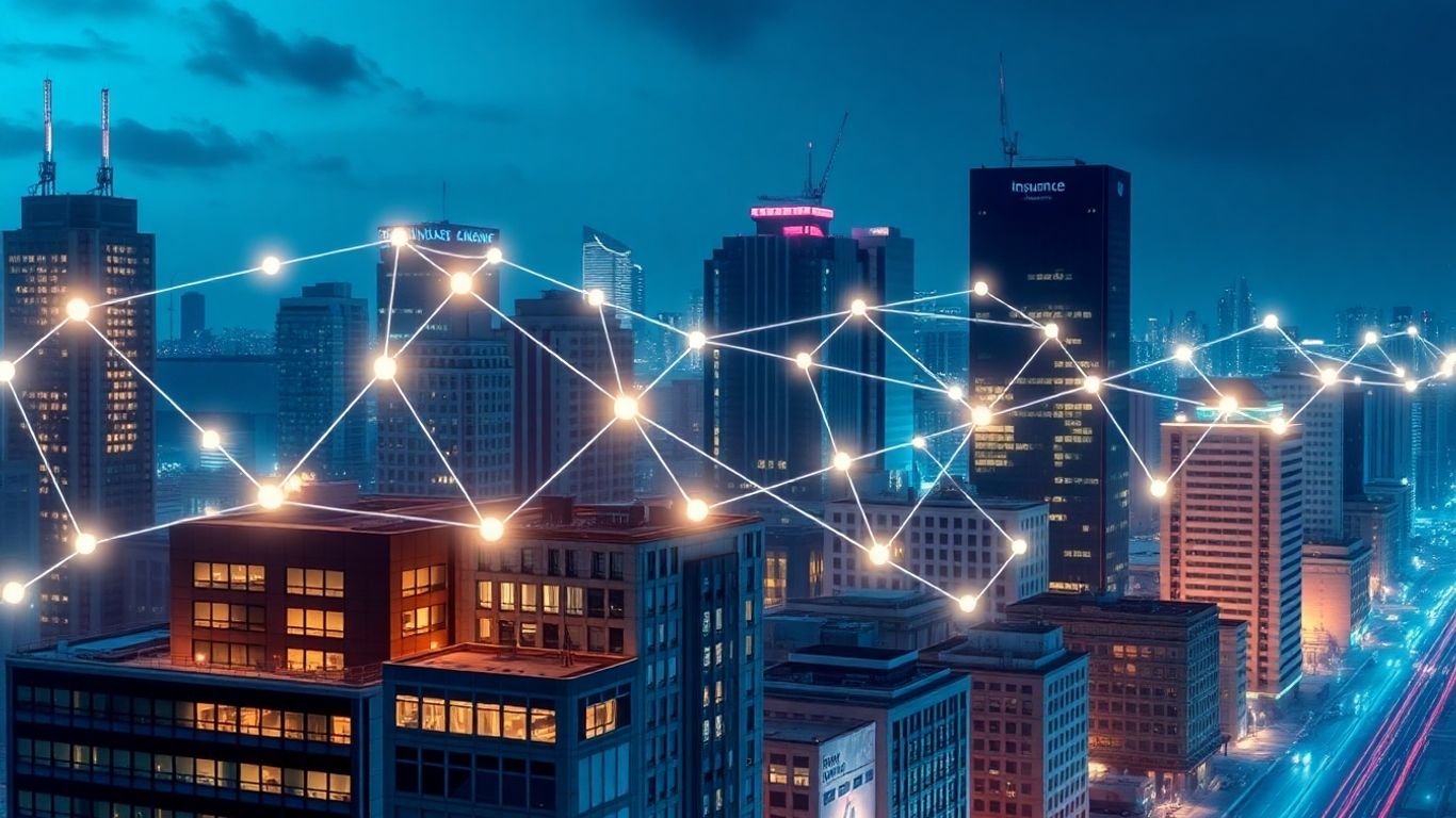 Blockchain network connecting insurance industry buildings.