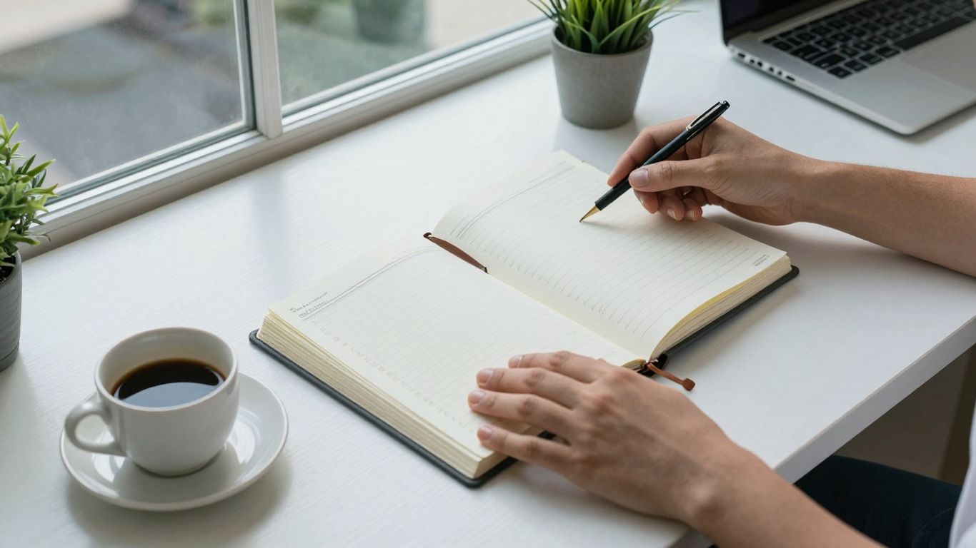 Persoană organizând un birou pentru productivitate.