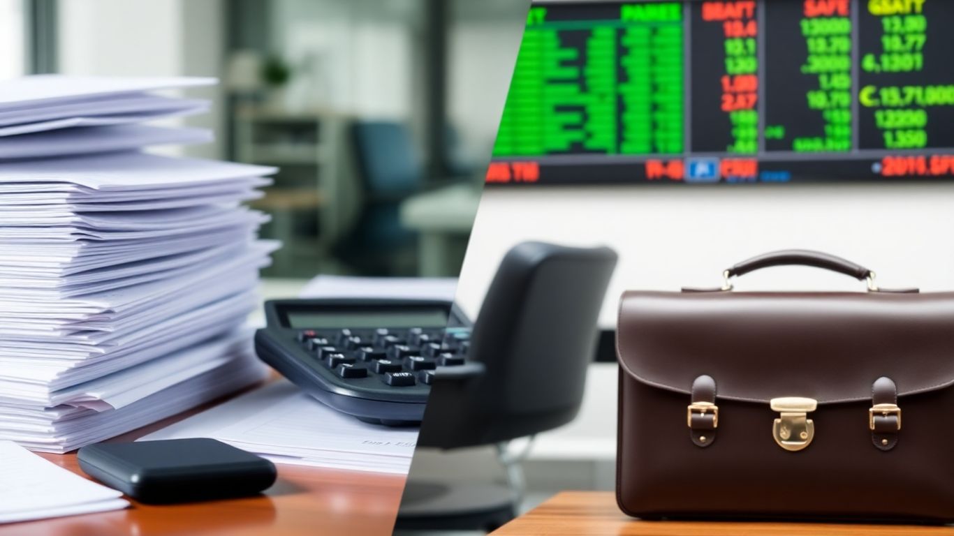 Accounting and finance concepts visualized with ledgers and stock market imagery.