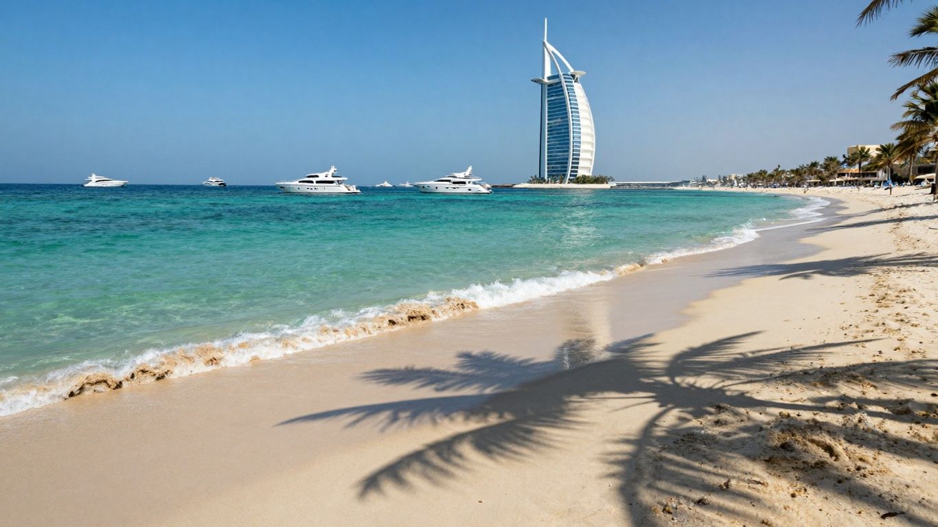 Plaża w Dubaju z luksusowymi jachtami i hotelem Burj Al Arab.