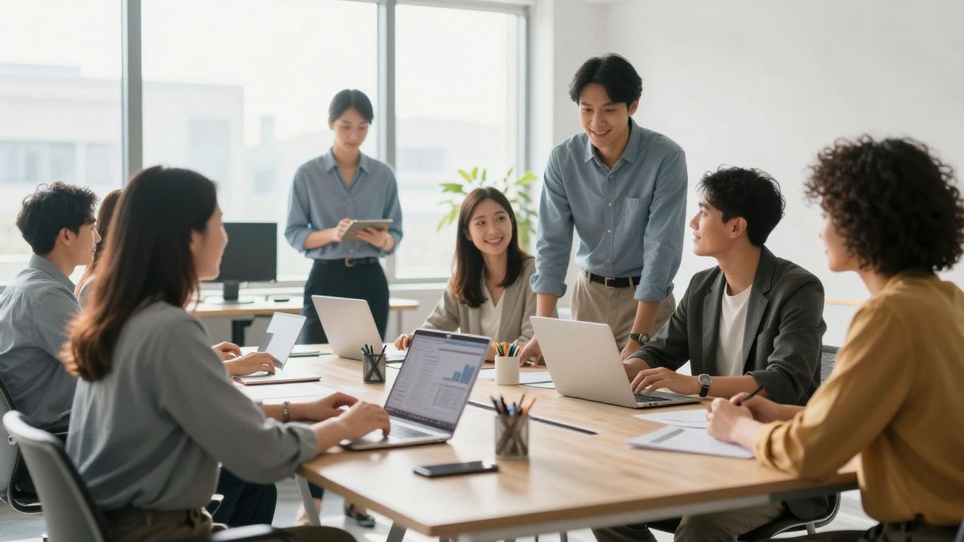 People collaborating in a bright office, symbolizing financial growth.