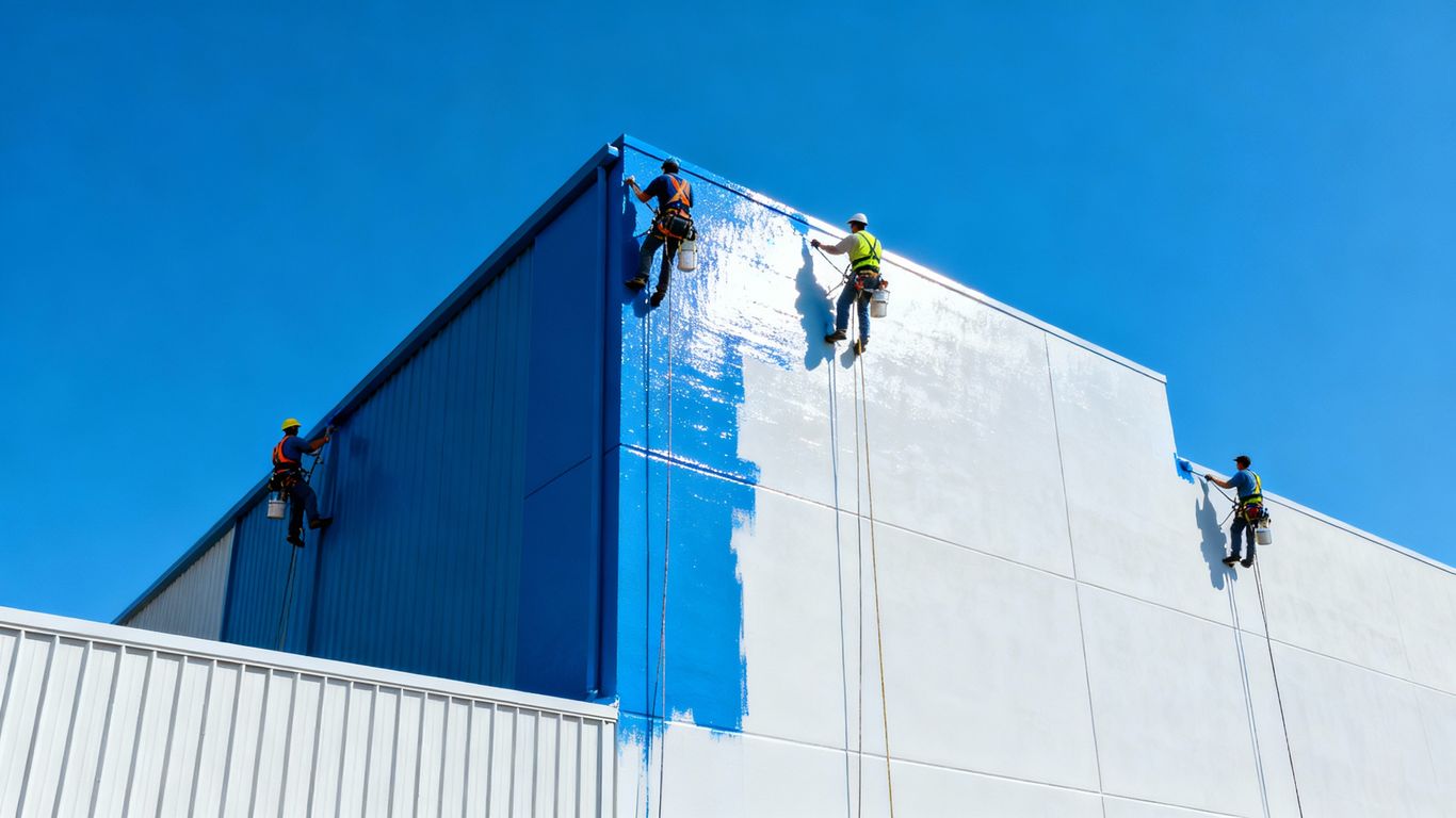 Professional painters applying fresh paint to a commercial building exterior.