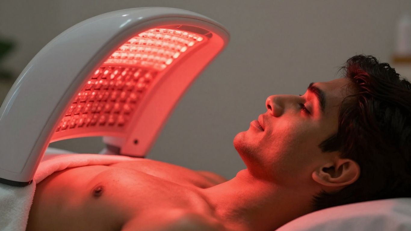 Person receiving red light therapy treatment.