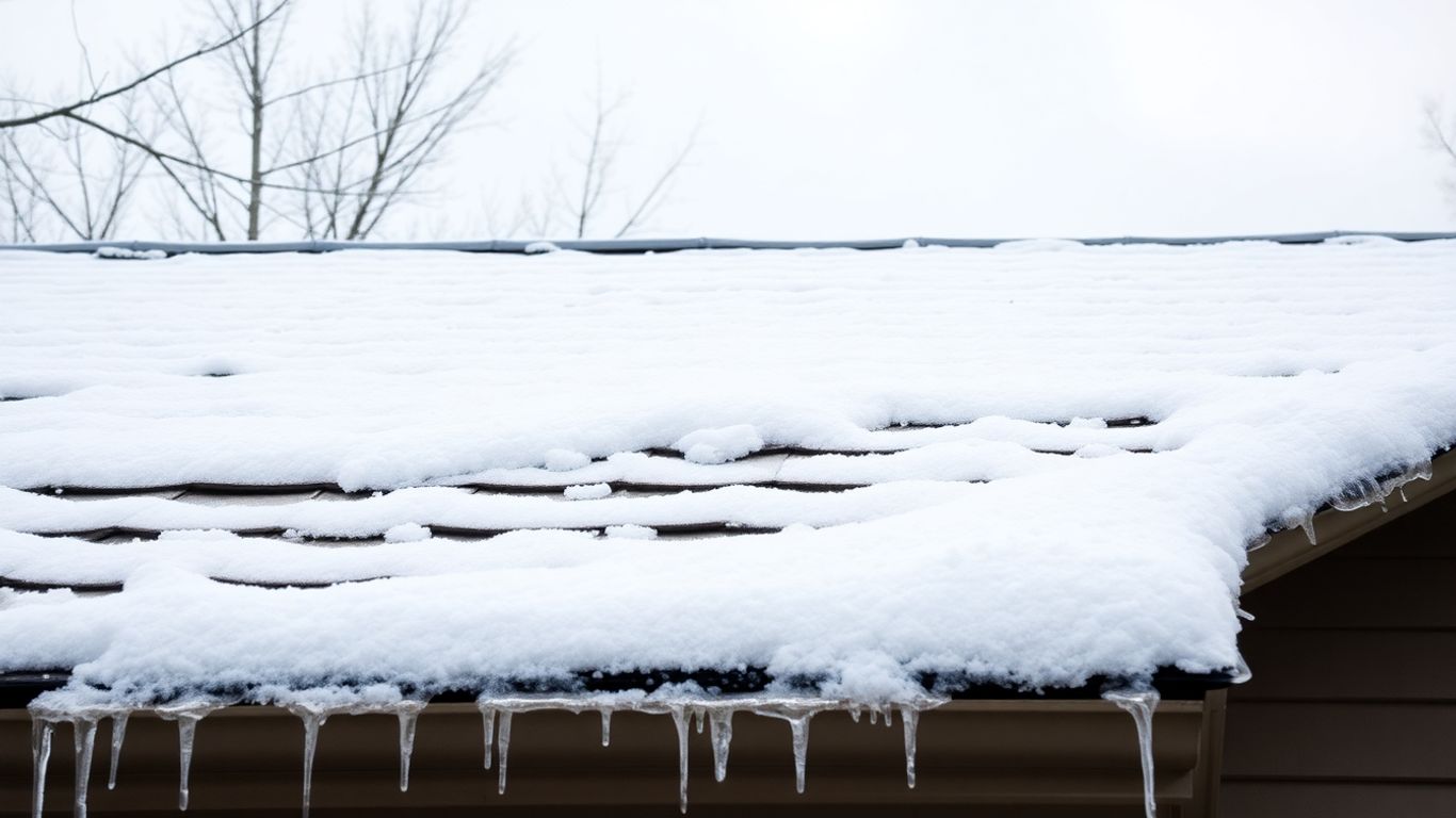 Snow-covered roof with icicles, ready for winter.