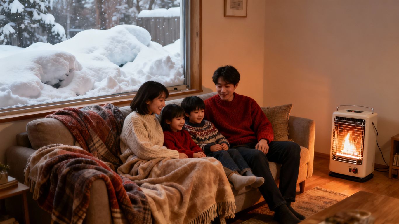 Family staying warm inside cozy living room during winter