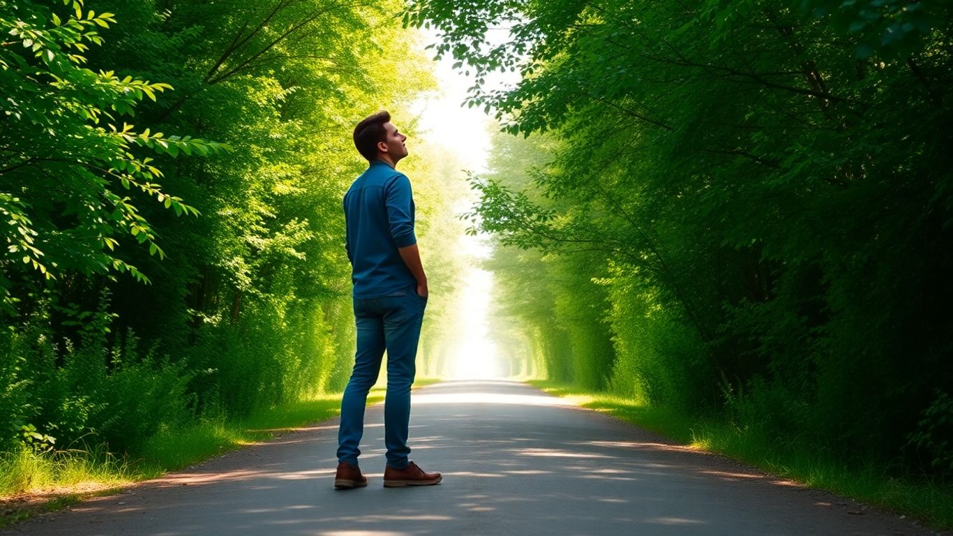 Person confidently walking on a path towards a bright horizon.