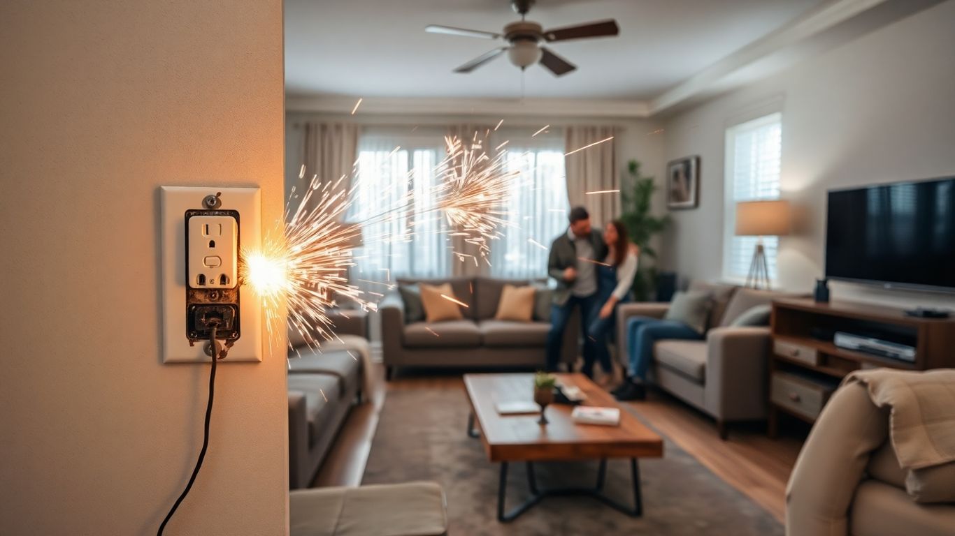 Daños eléctricos en hogar con enchufe y familia preocupada.