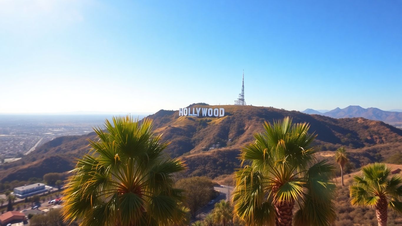 Hollywood sign overlooking Los Angeles cityscape