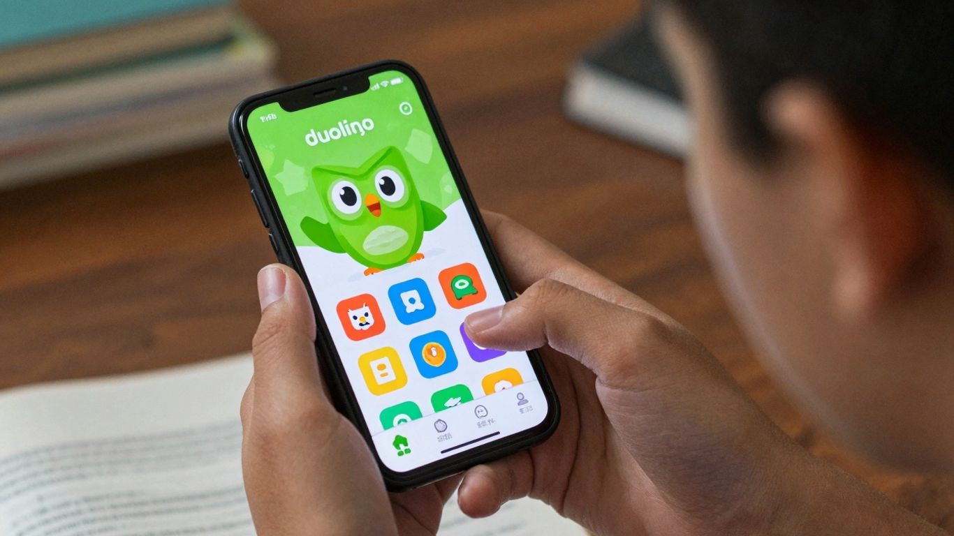 Student using Duolingo app on smartphone for academics.