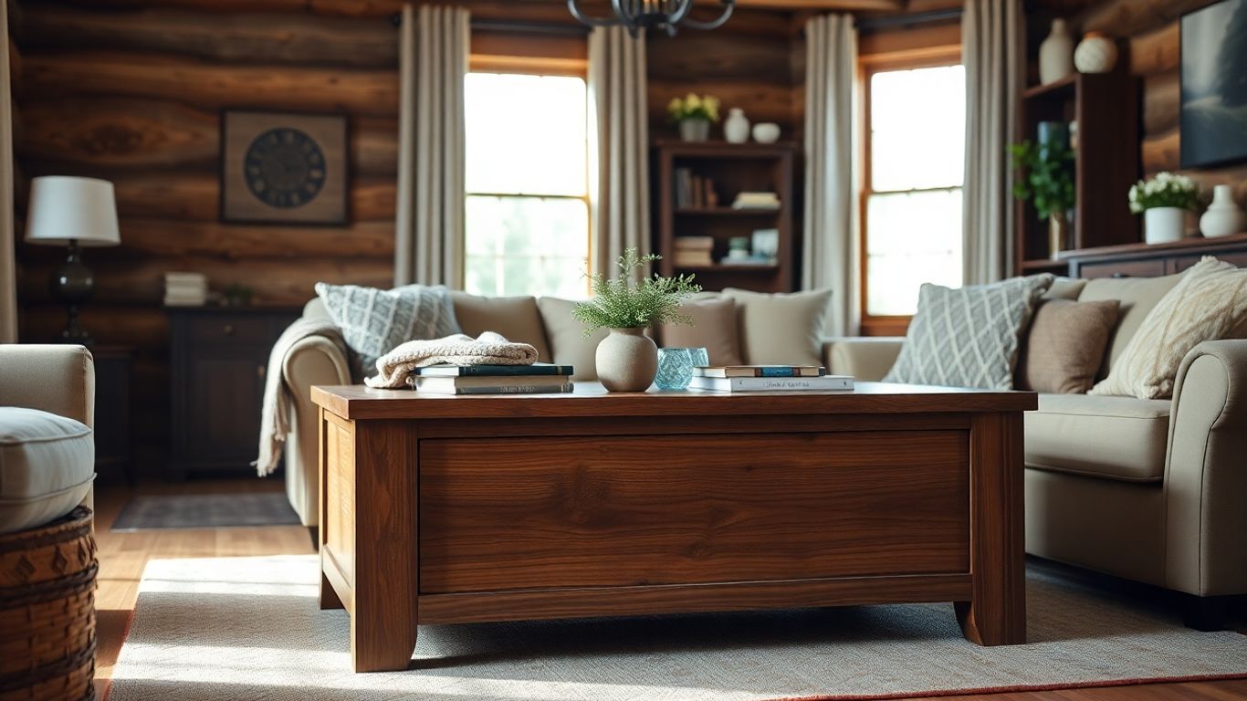 Rustic wood coffee table with storage in a living room.