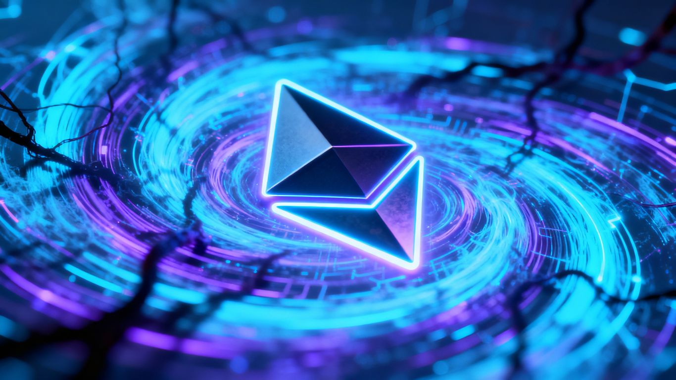 Ethereum logo with abstract light patterns and shadowy elements.