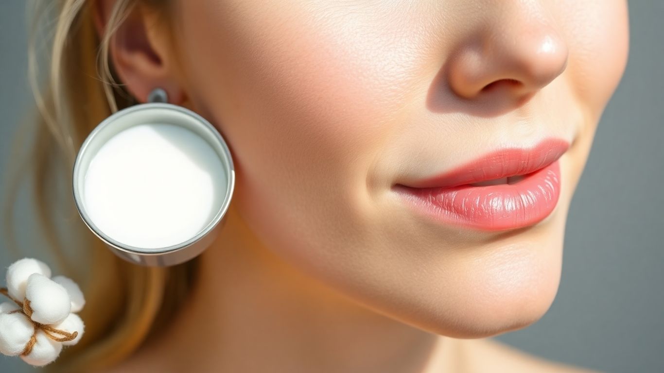 Woman with clear skin and dairy products for face care.