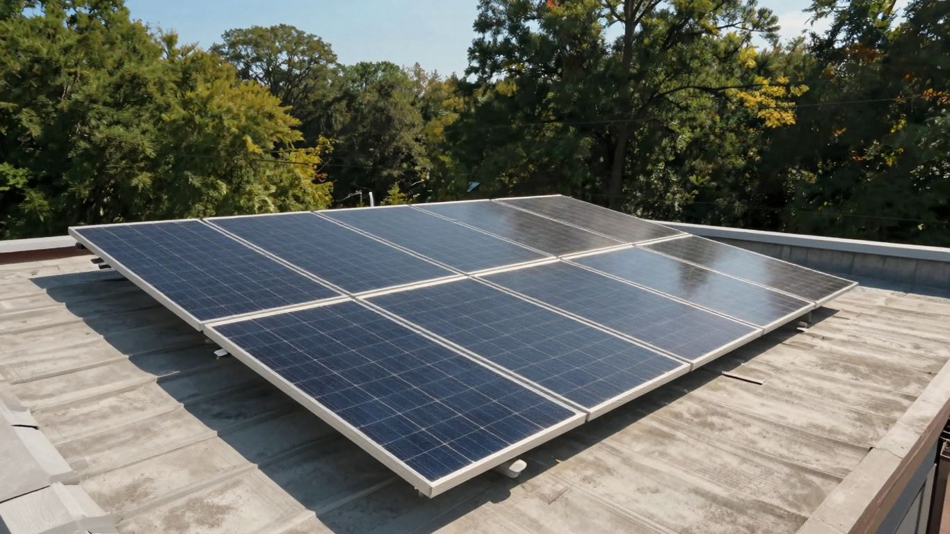 South Carolina Rooftop With Solar Panels Under The Sun.