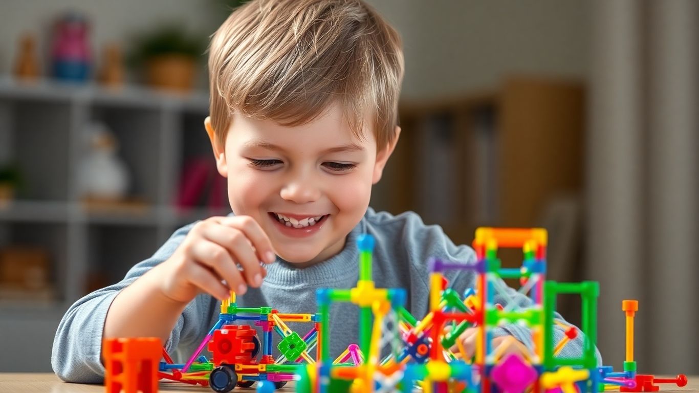 Child playing with colorful Christmas STEM toy