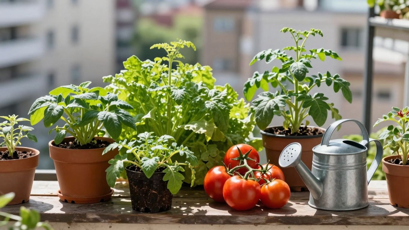Balkongarten mit Gemüse und Kräutern im Winter