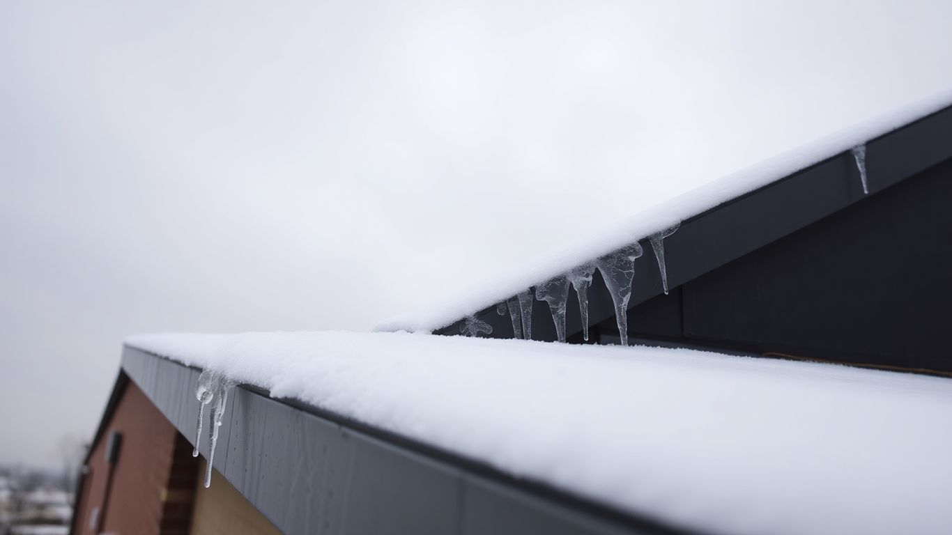 Commercial roof with icicles and snow.