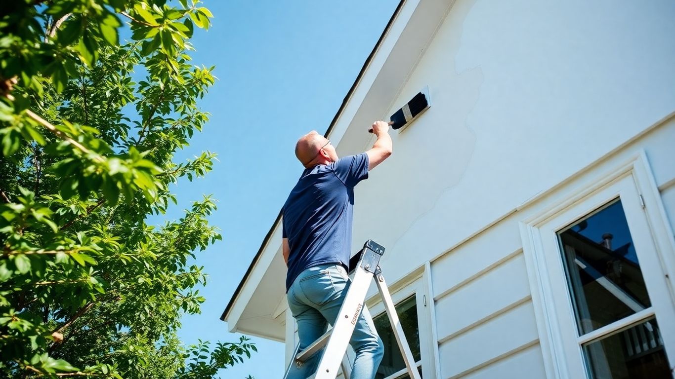 Painter applying exterior house paint with a brush.