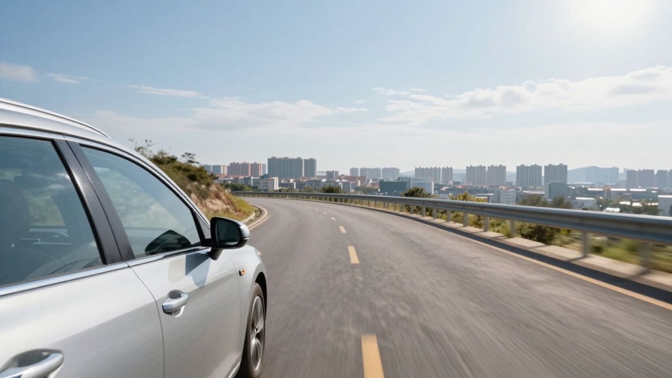 Car on a road with cityscape background.