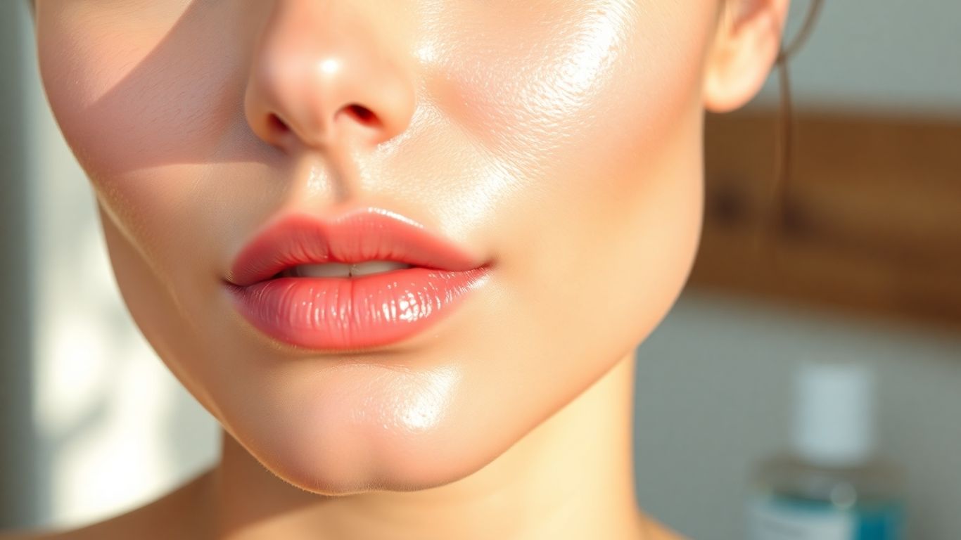 Woman with glowing skin, natural light, skincare products