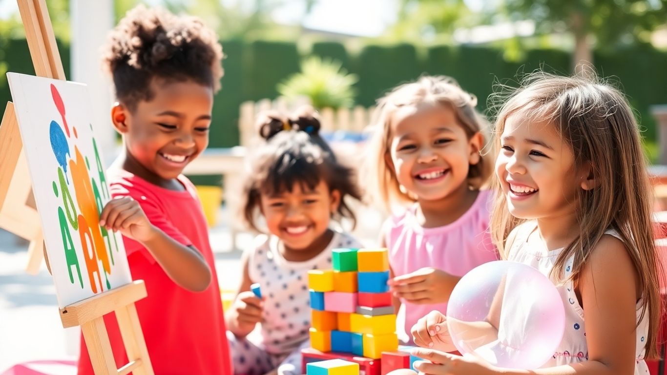 Crianças felizes fazendo atividades criativas e divertidas juntas.