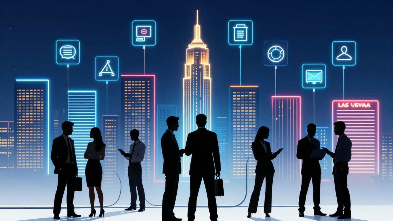 Las Vegas skyline with business professionals and technology icons.