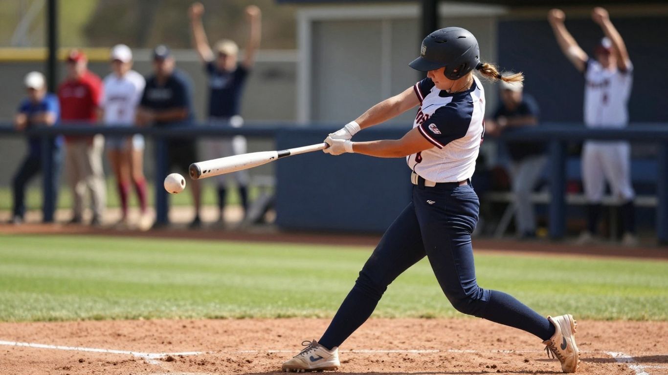 Softball player swinging bat on sunny field.