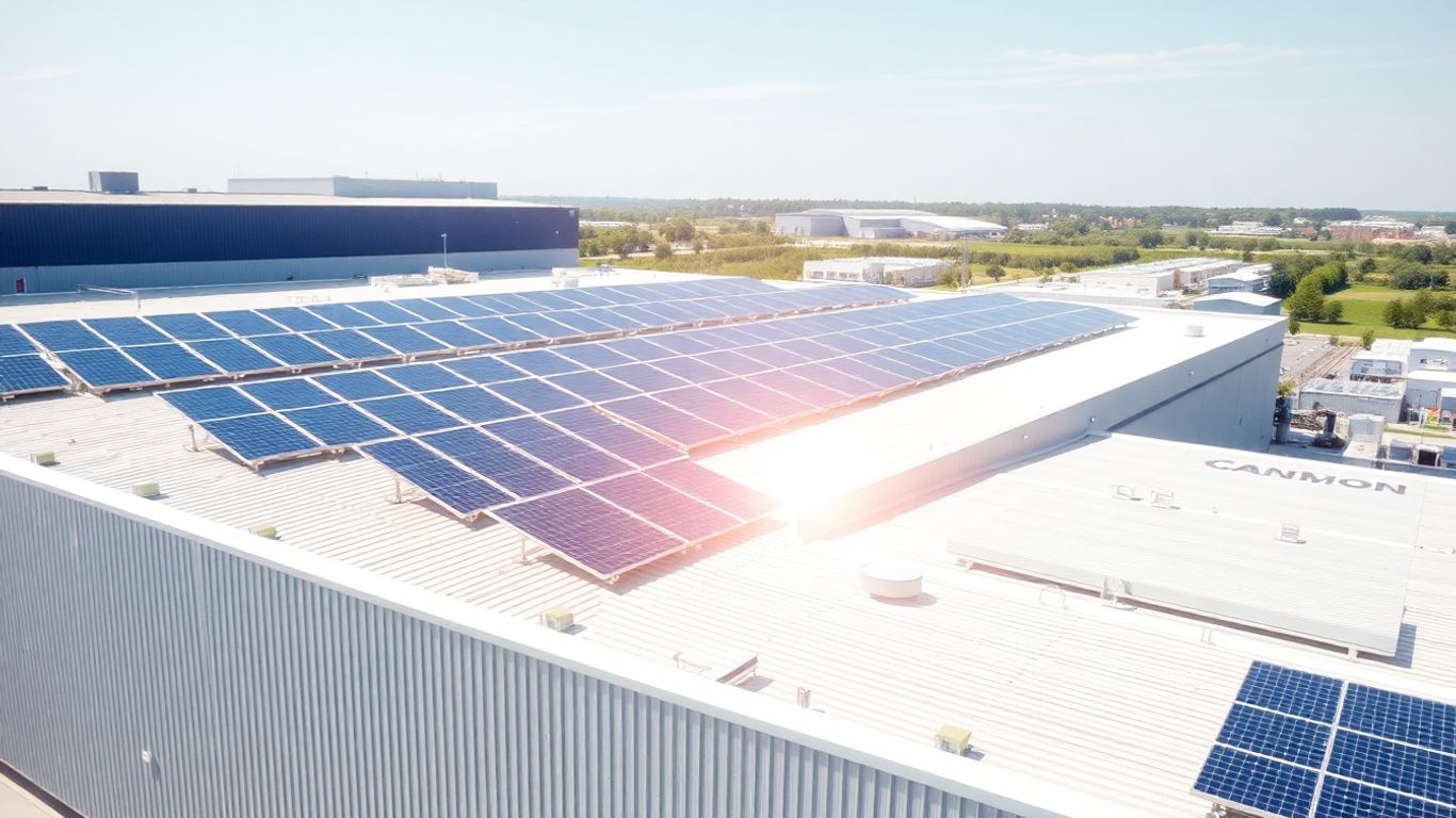 Panouri solare pe acoperișul unei clădiri industriale.