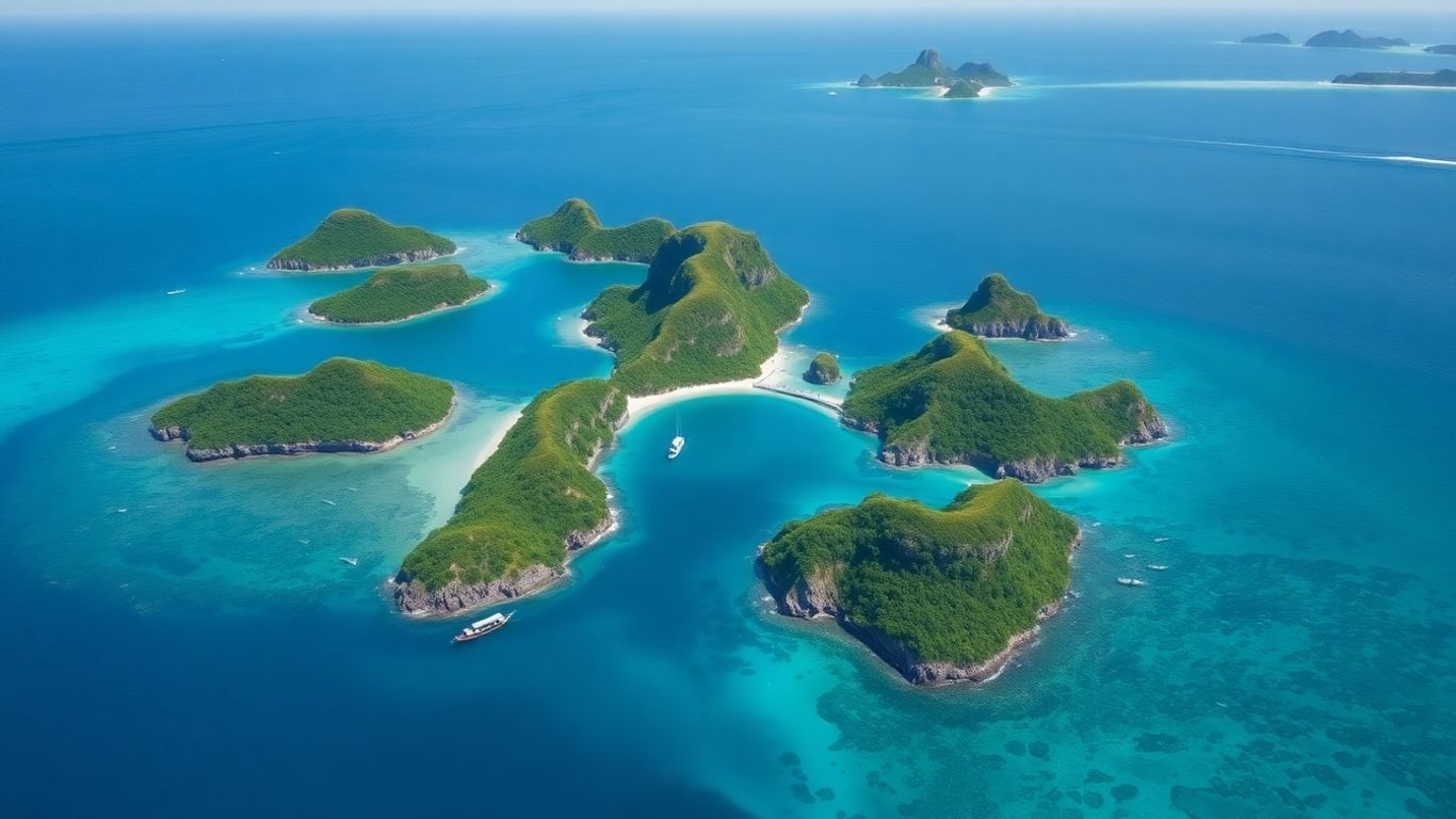 Aerial view of Komodo National Park islands and turquoise waters.